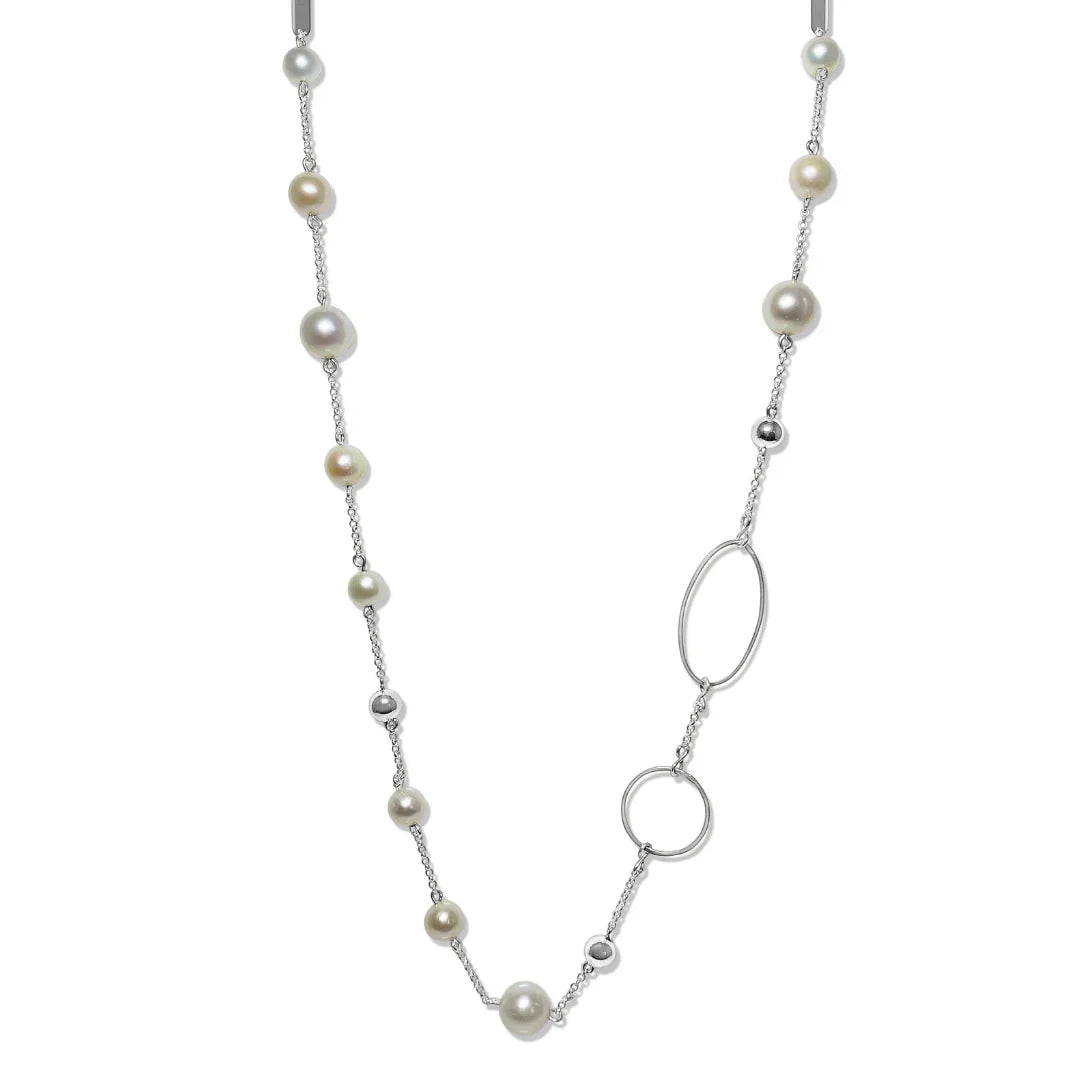 Sterling Silver Shapes and Freshwater Pearl Necklace 85cm
