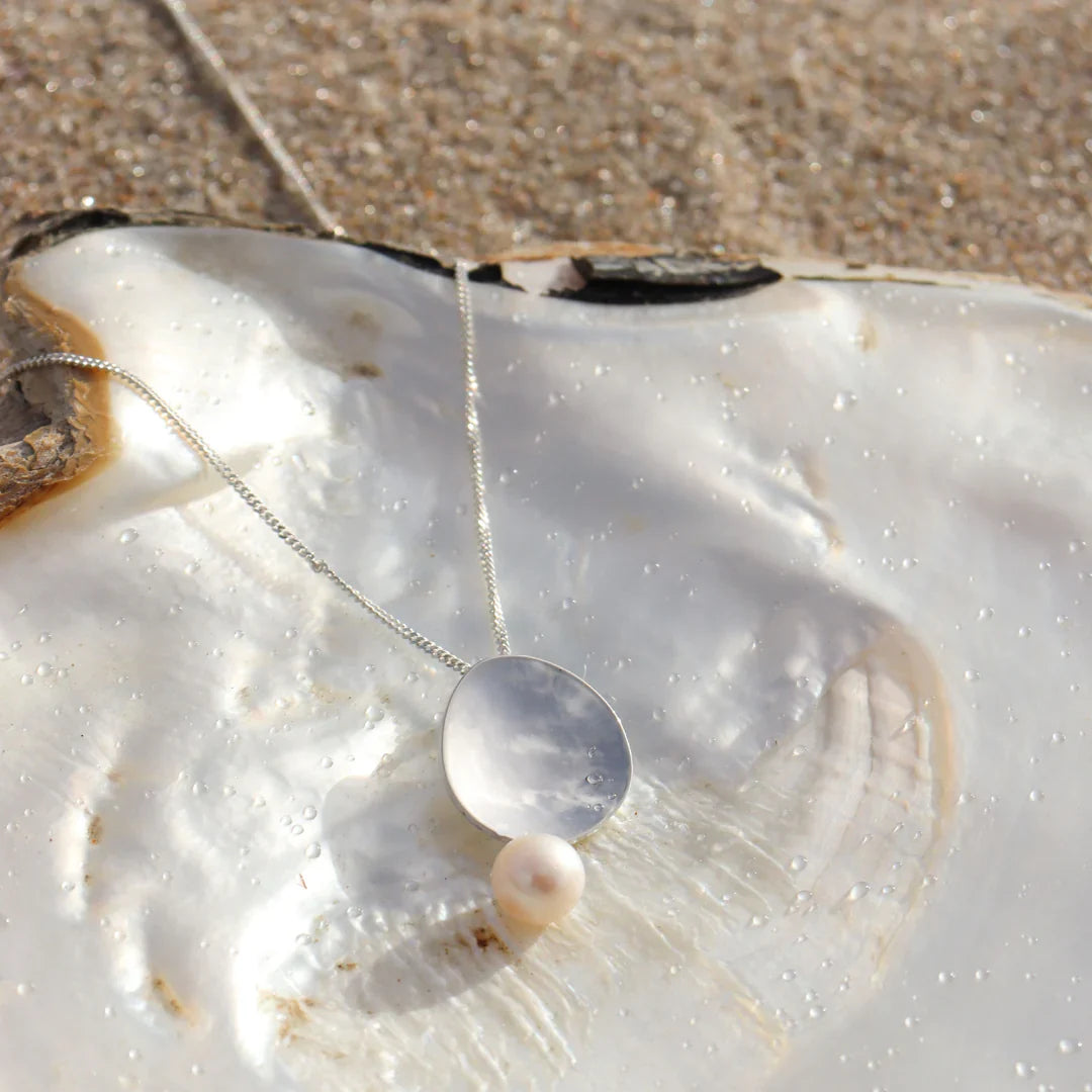Freshwater Pearl and Sterling Silver Disk Necklace