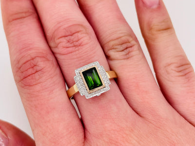 Tri-tone Green Tourmaline and Diamond Stepped Halo Ring